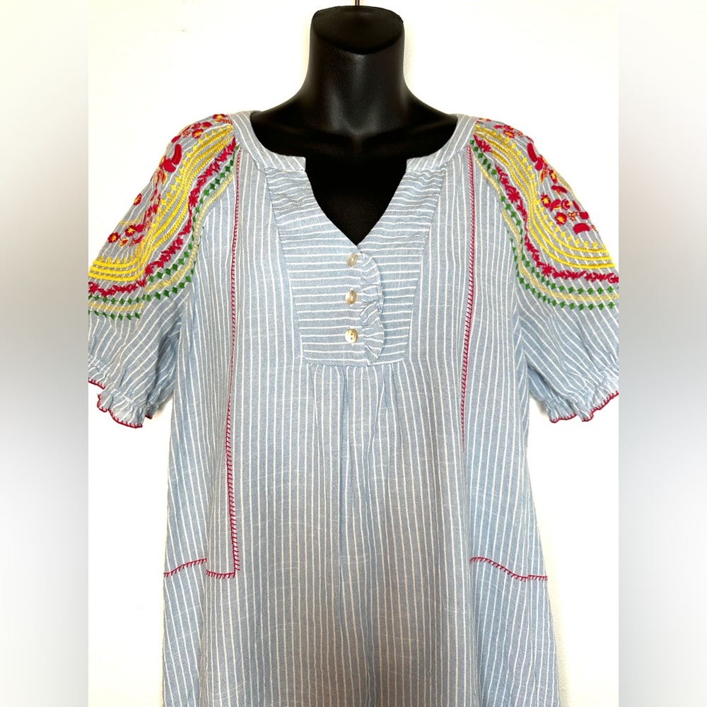 The Impeccable Pig Womens Dress S Striped Floral Embroidery Cotton Boho Western - Picture 4 of 10